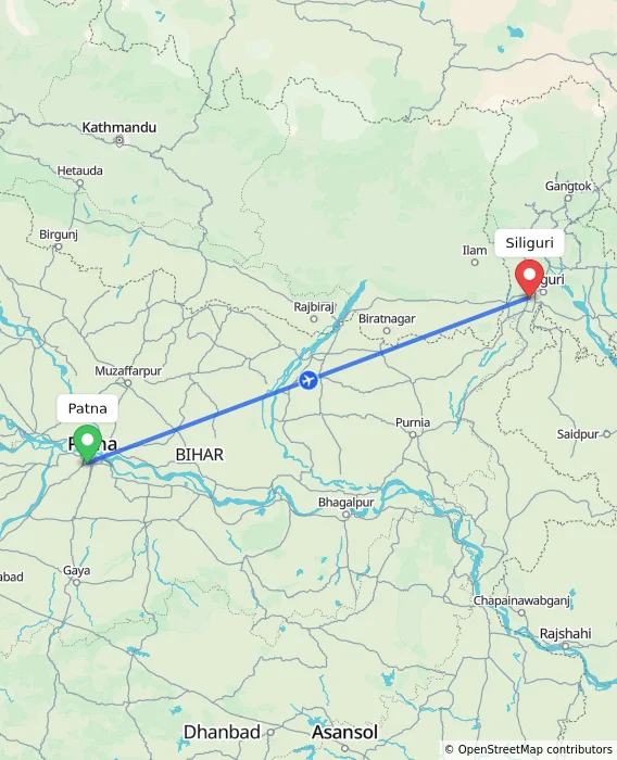 Route map showing distance and travel time from Patna, India to Siliguri, India