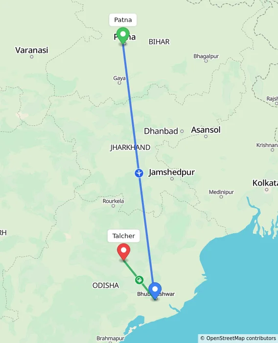 Route map showing distance and travel time from Patna, India to Talcher, India