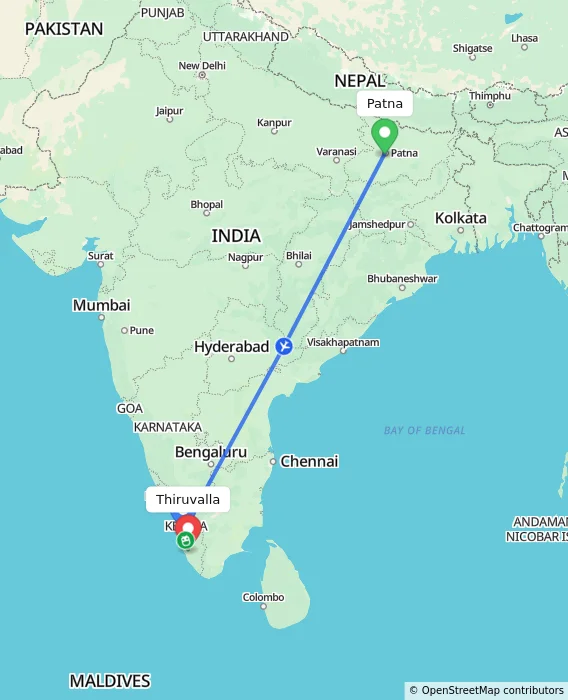 Route map showing distance and travel time from Patna, India to Thiruvalla, India