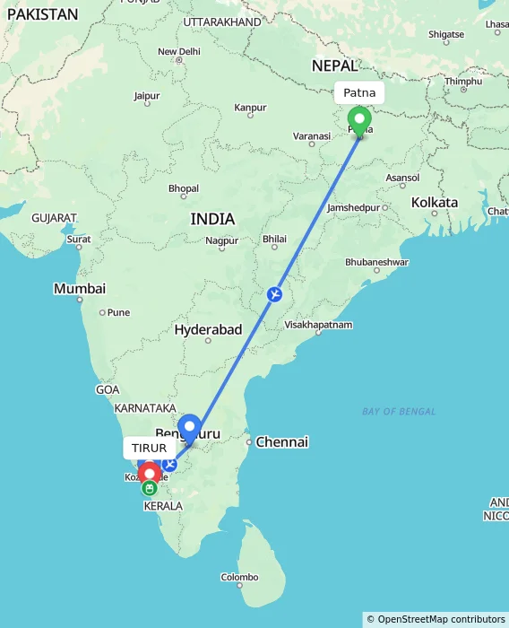 Route map showing distance and travel time from Patna, India to TIRUR, India