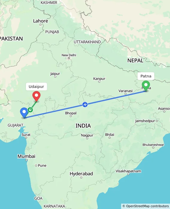 Route map showing distance and travel time from Patna, India to Udaipur, India
