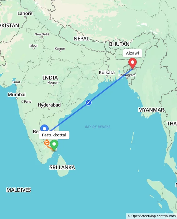 Route map showing distance and travel time from Pattukkottai, India to Aizawl, India