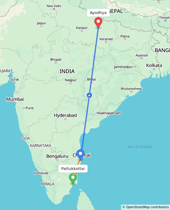 Route map showing distance and travel time from Pattukkottai, India to Ayodhya, India