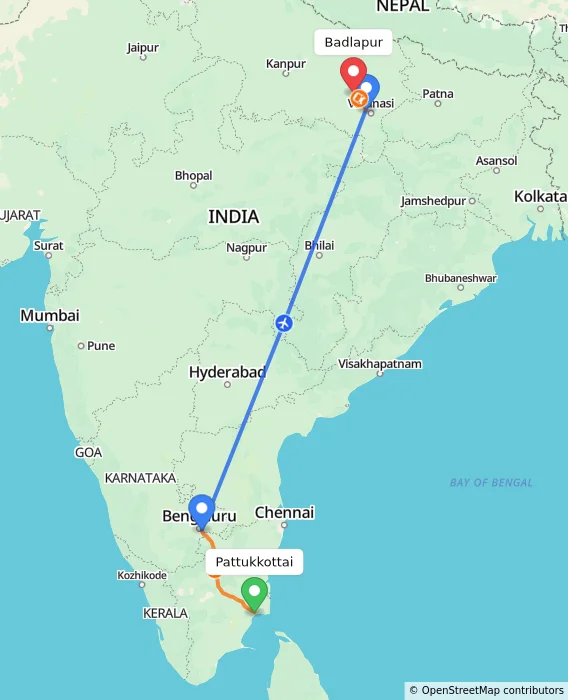 Route map showing distance and travel time from Pattukkottai, India to Badlapur, India