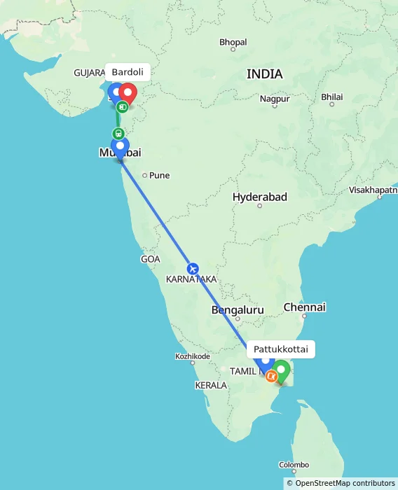 Route map showing distance and travel time from Pattukkottai, India to Bardoli, India