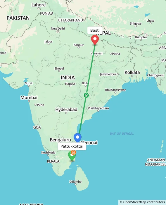 Route map showing distance and travel time from Pattukkottai, India to Basti, India