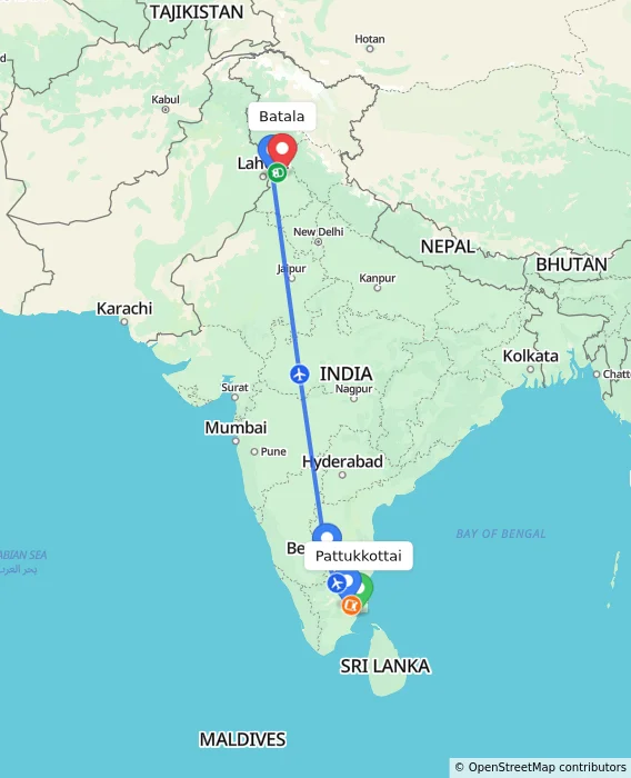 Route map showing distance and travel time from Pattukkottai, India to Batala, India