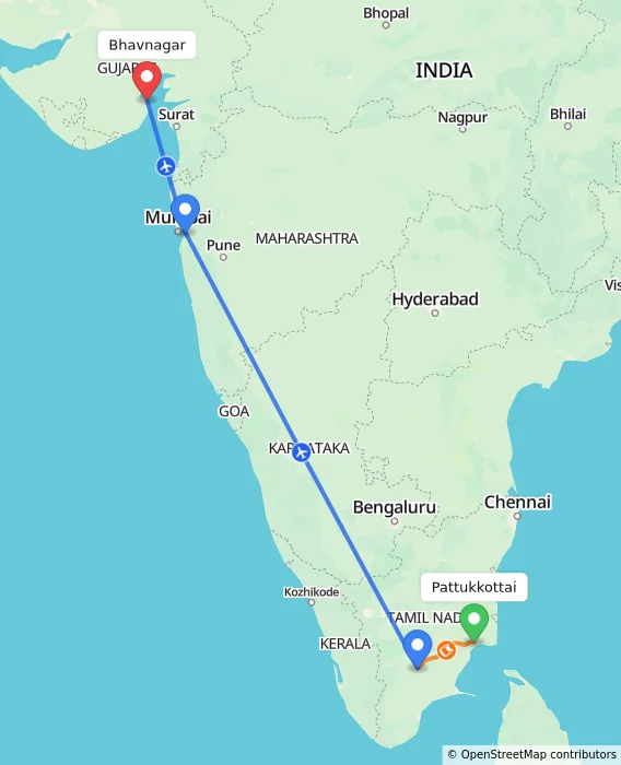 Route map showing distance and travel time from Pattukkottai, India to Bhavnagar, India