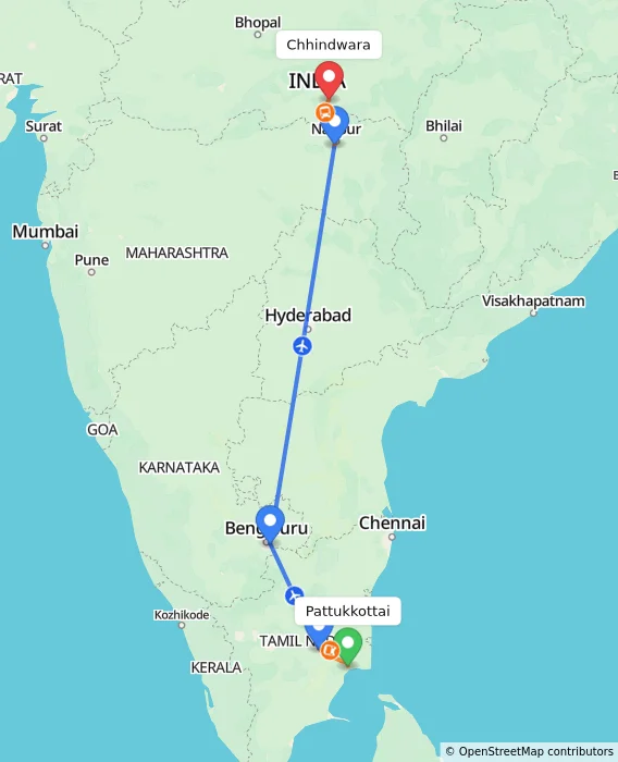 Route map showing distance and travel time from Pattukkottai, India to Chhindwara, India