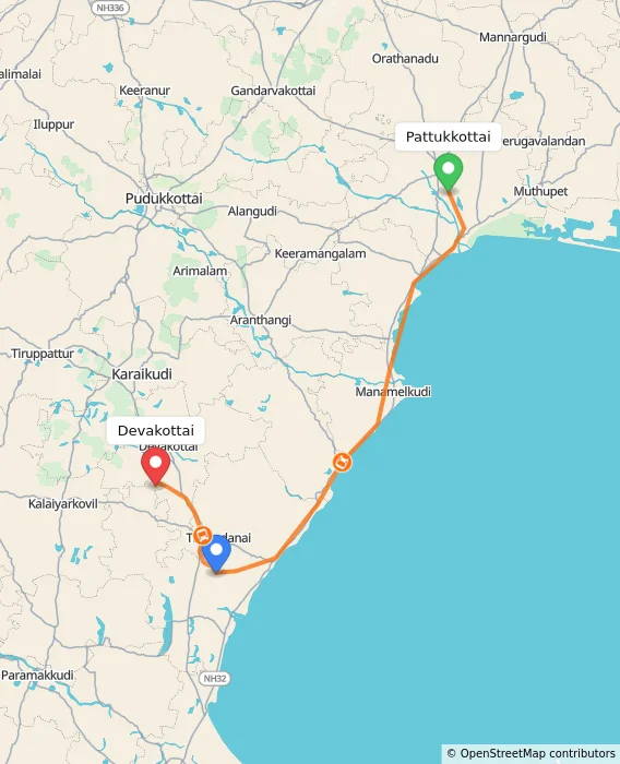 Route map showing distance and travel time from Pattukkottai, India to Devakottai, India