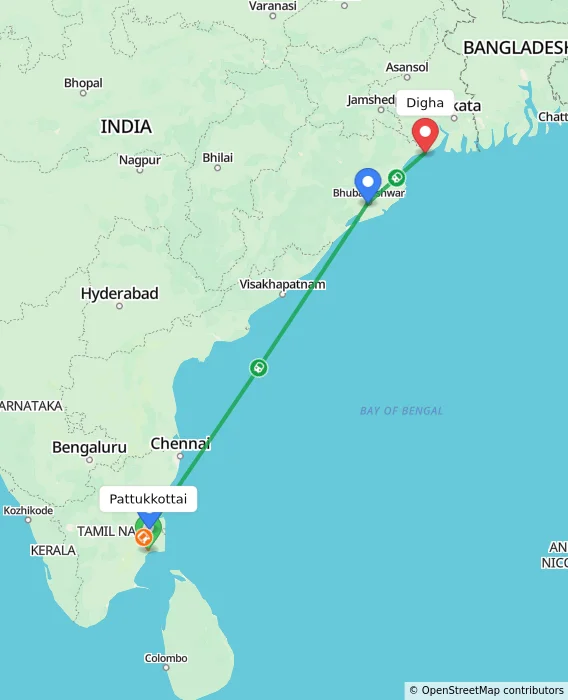 Route map showing distance and travel time from Pattukkottai, India to Digha, India