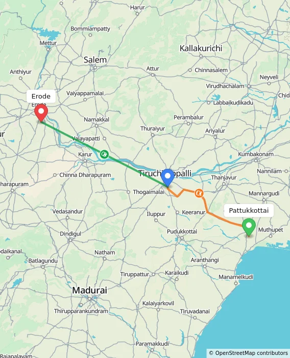 Route map showing distance and travel time from Pattukkottai, India to Erode, India