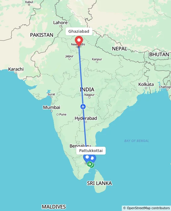 Route map showing distance and travel time from Pattukkottai, India to Ghaziabad, India