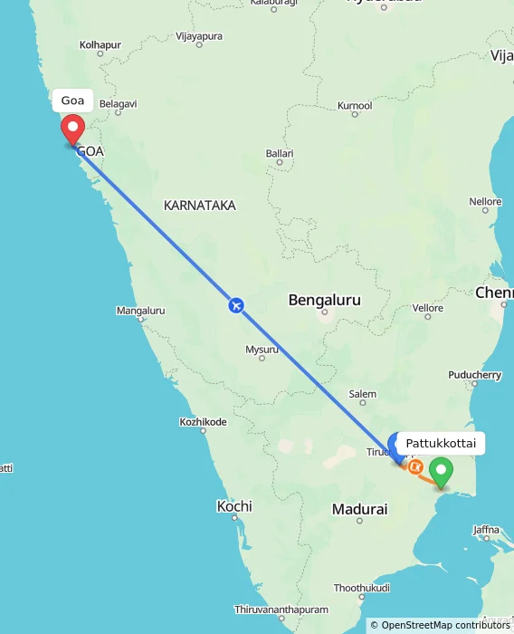 Route map showing distance and travel time from Pattukkottai, India to Goa, India