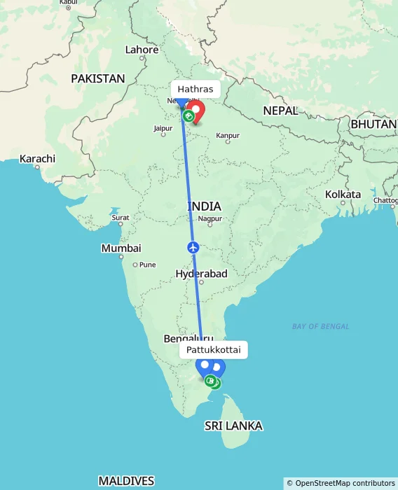 Route map showing distance and travel time from Pattukkottai, India to Hathras, India