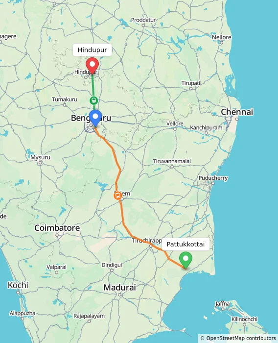 Route map showing distance and travel time from Pattukkottai, India to Hindupur, India