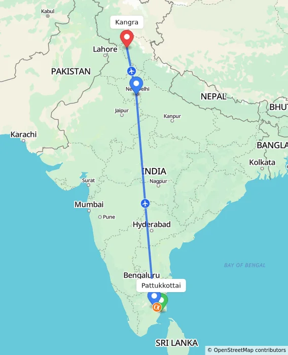 Route map showing distance and travel time from Pattukkottai, India to Kangra, India