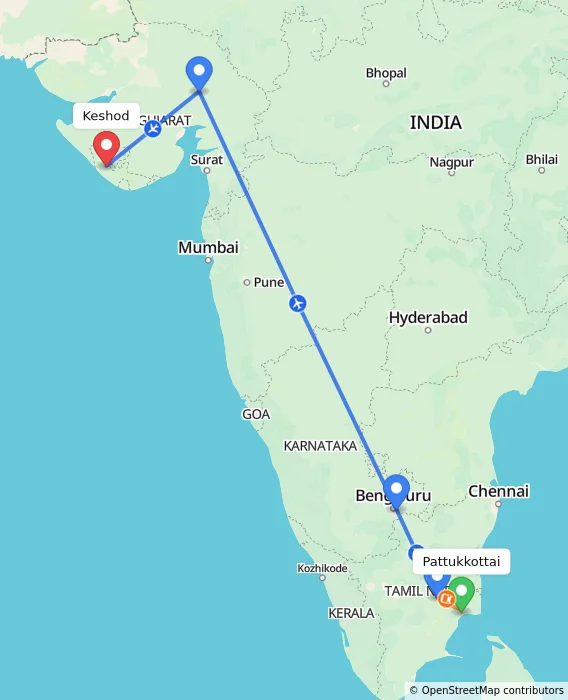 Route map showing distance and travel time from Pattukkottai, India to Keshod, India