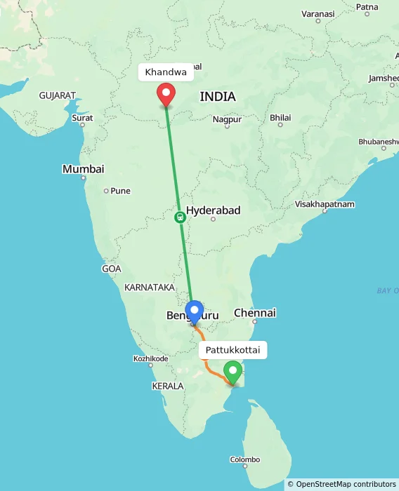 Route map showing distance and travel time from Pattukkottai, India to Khandwa, India