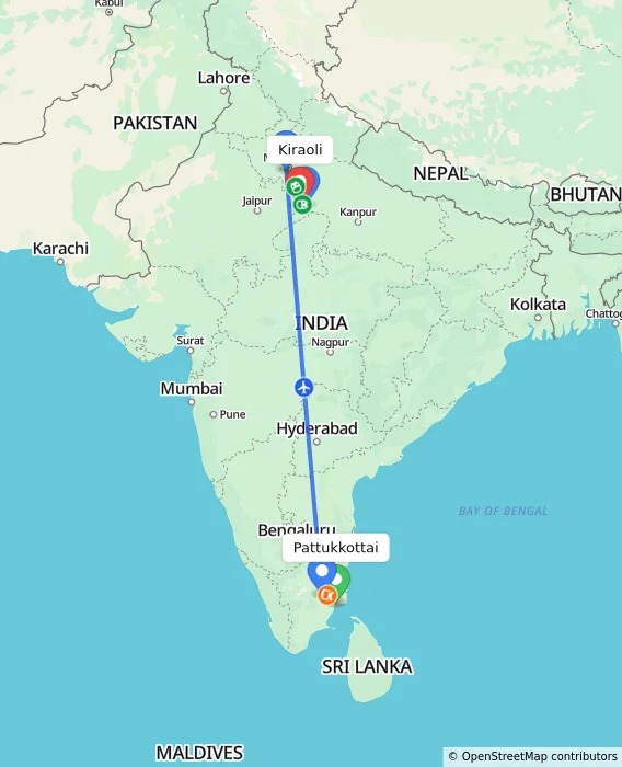 Route map showing distance and travel time from Pattukkottai, India to Kiraoli, India
