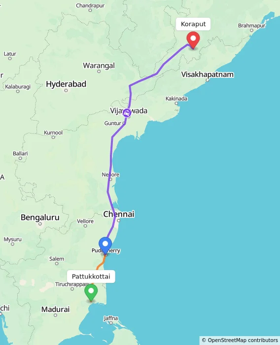 Route map showing distance and travel time from Pattukkottai, India to Koraput, India