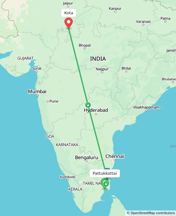 Route map showing distance and travel time from Pattukkottai, India to Kota, India
