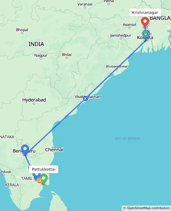 Route map showing distance and travel time from Pattukkottai, India to Krishnanagar, India