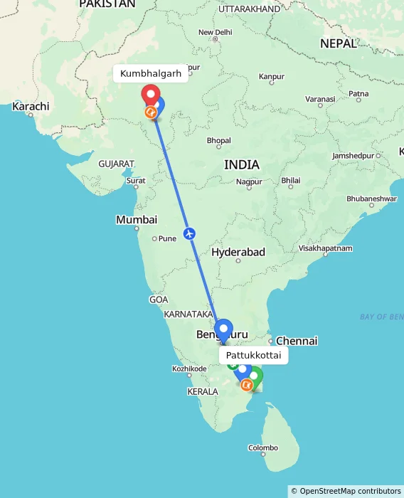 Route map showing distance and travel time from Pattukkottai, India to Kumbhalgarh, India