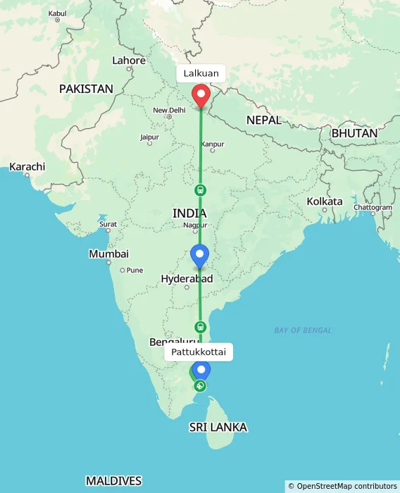 Route map showing distance and travel time from Pattukkottai, India to Lalkuan, India