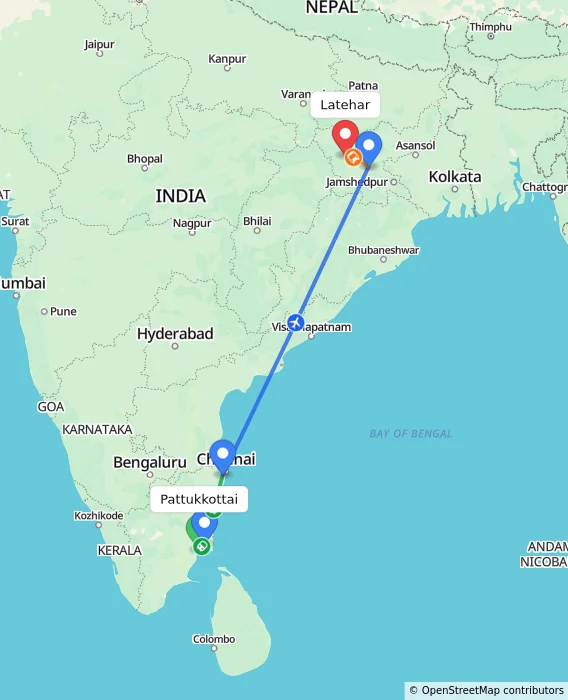 Route map showing distance and travel time from Pattukkottai, India to Latehar, India