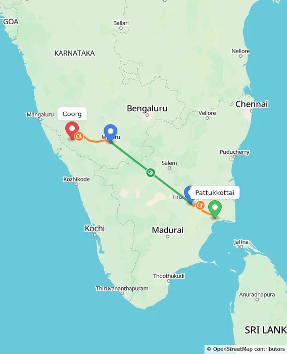 Route map showing distance and travel time from Pattukkottai, India to Madikeri, India