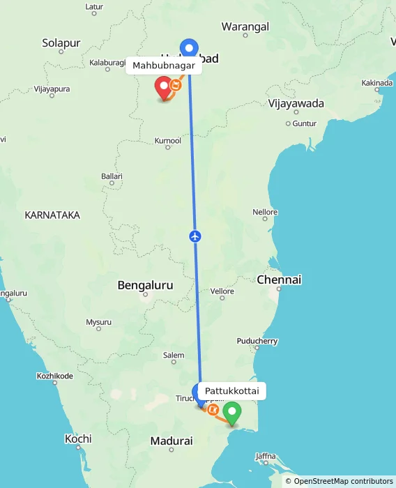 Route map showing distance and travel time from Pattukkottai, India to Mahbubnagar, India