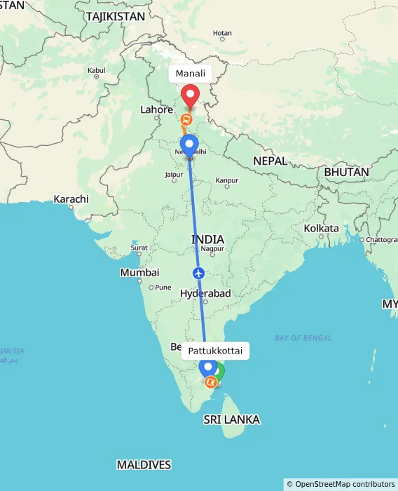 Route map showing distance and travel time from Pattukkottai, India to Manali, India