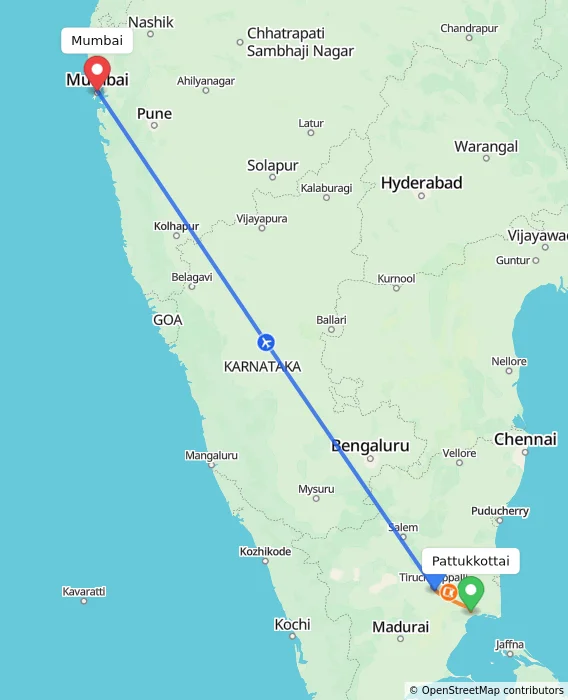 Route map showing distance and travel time from Pattukkottai, India to Mumbai, India
