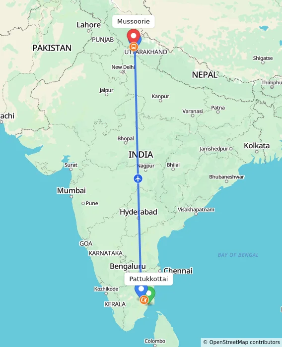 Route map showing distance and travel time from Pattukkottai, India to Mussoorie, India