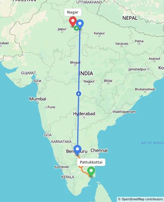 Route map showing distance and travel time from Pattukkottai, India to Nagar, India