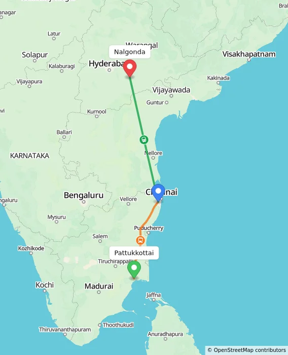 Route map showing distance and travel time from Pattukkottai, India to Nalgonda, India
