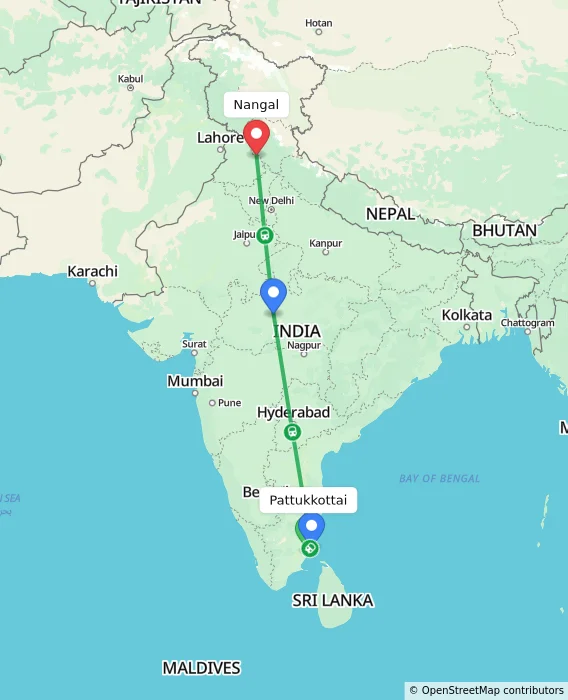 Route map showing distance and travel time from Pattukkottai, India to Nangal, India