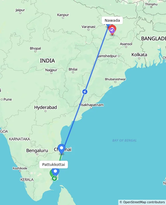 Route map showing distance and travel time from Pattukkottai, India to Nawada, India