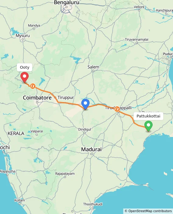 Route map showing distance and travel time from Pattukkottai, India to Ooty, India