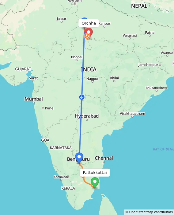 Route map showing distance and travel time from Pattukkottai, India to Orchha, India