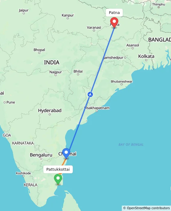 Route map showing distance and travel time from Pattukkottai, India to Patna, India