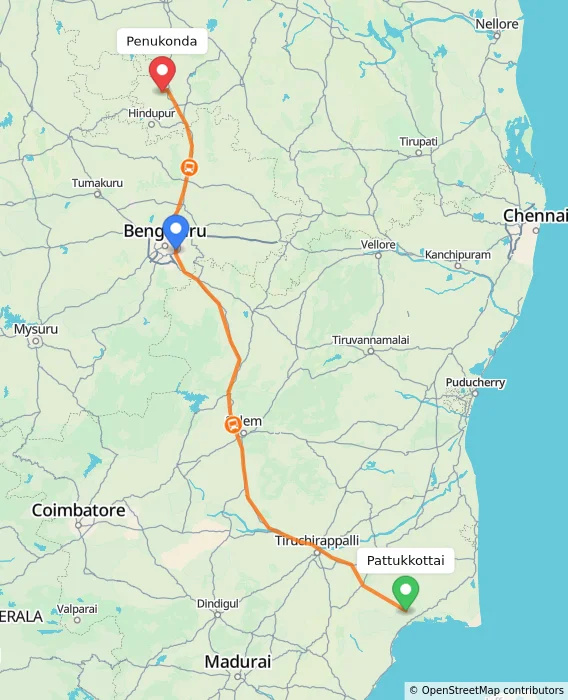 Route map showing distance and travel time from Pattukkottai, India to Penukonda, India