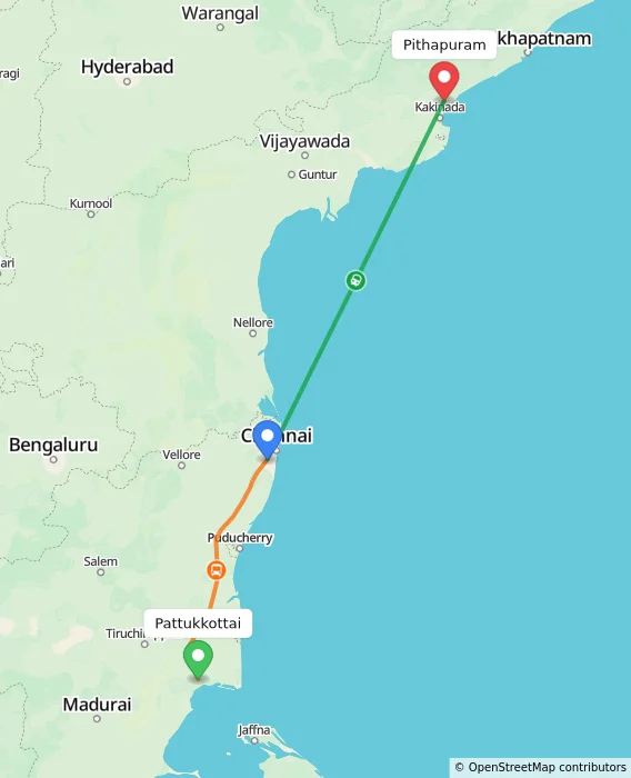 Route map showing distance and travel time from Pattukkottai, India to Pithapuram, India