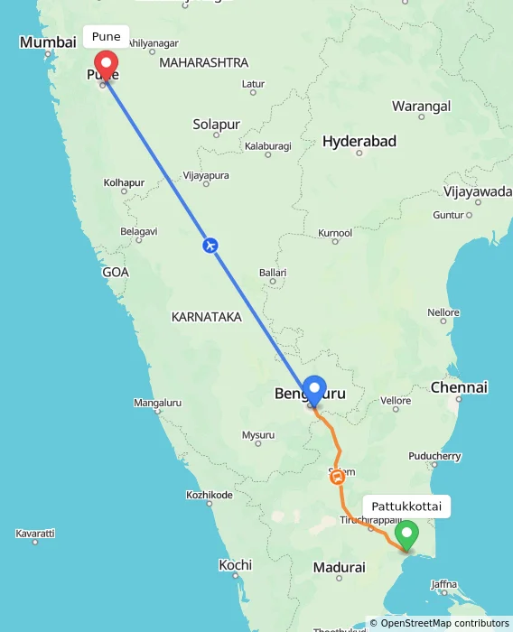 Route map showing distance and travel time from Pattukkottai, India to Pune, India