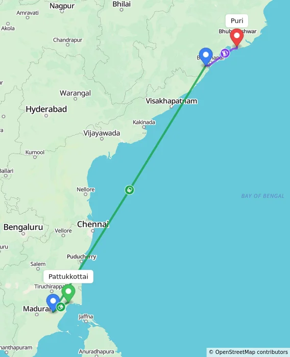 Route map showing distance and travel time from Pattukkottai, India to Puri, India