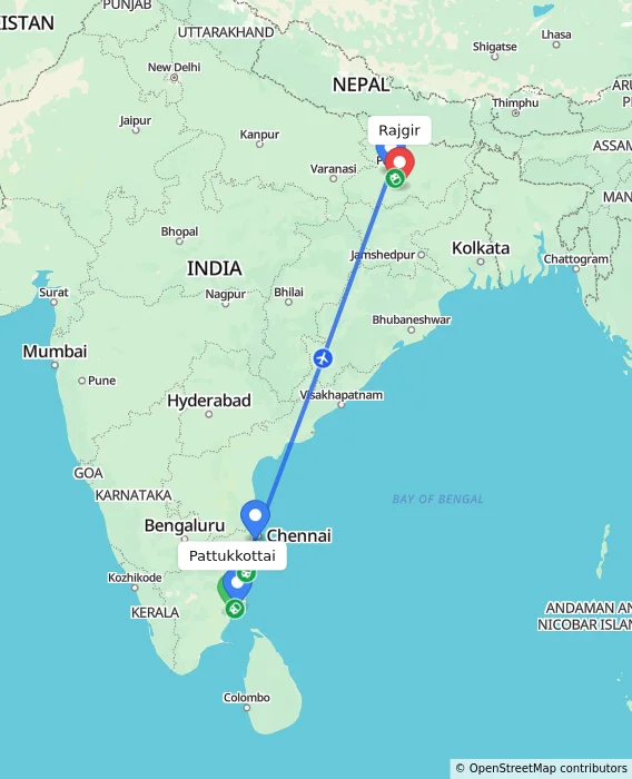 Route map showing distance and travel time from Pattukkottai, India to Rajgir, India