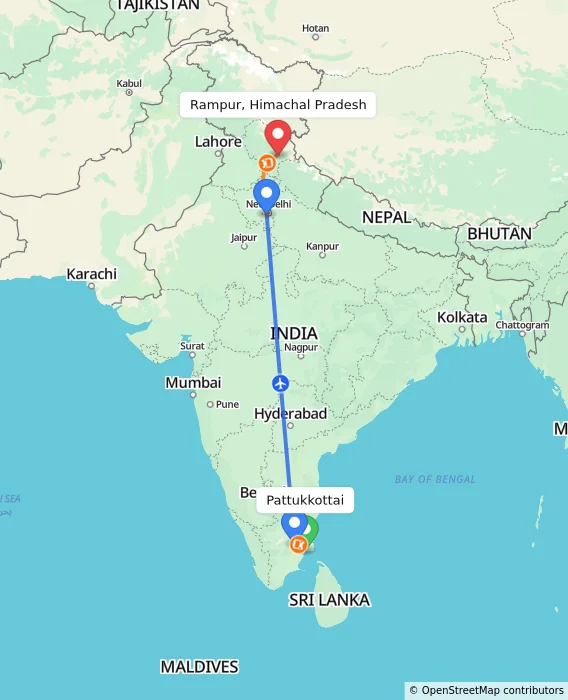 Route map showing distance and travel time from Pattukkottai, India to Rampur, Himachal Pradesh, India