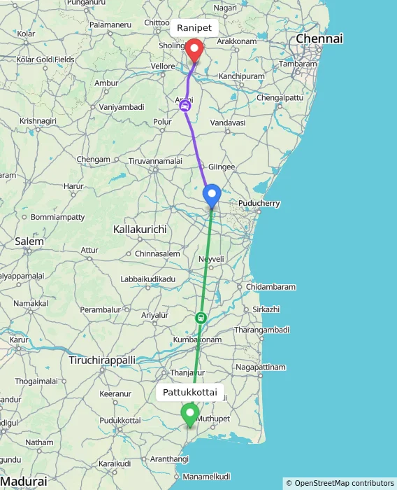 Route map showing distance and travel time from Pattukkottai, India to Ranipet, India