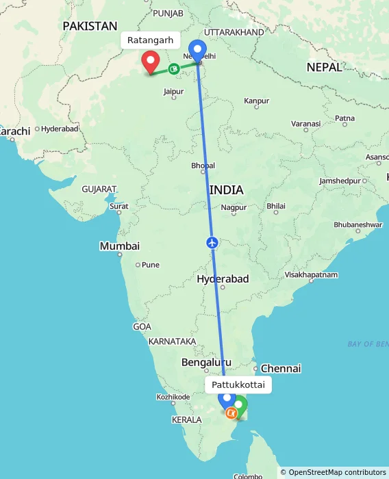 Route map showing distance and travel time from Pattukkottai, India to Ratangarh, India